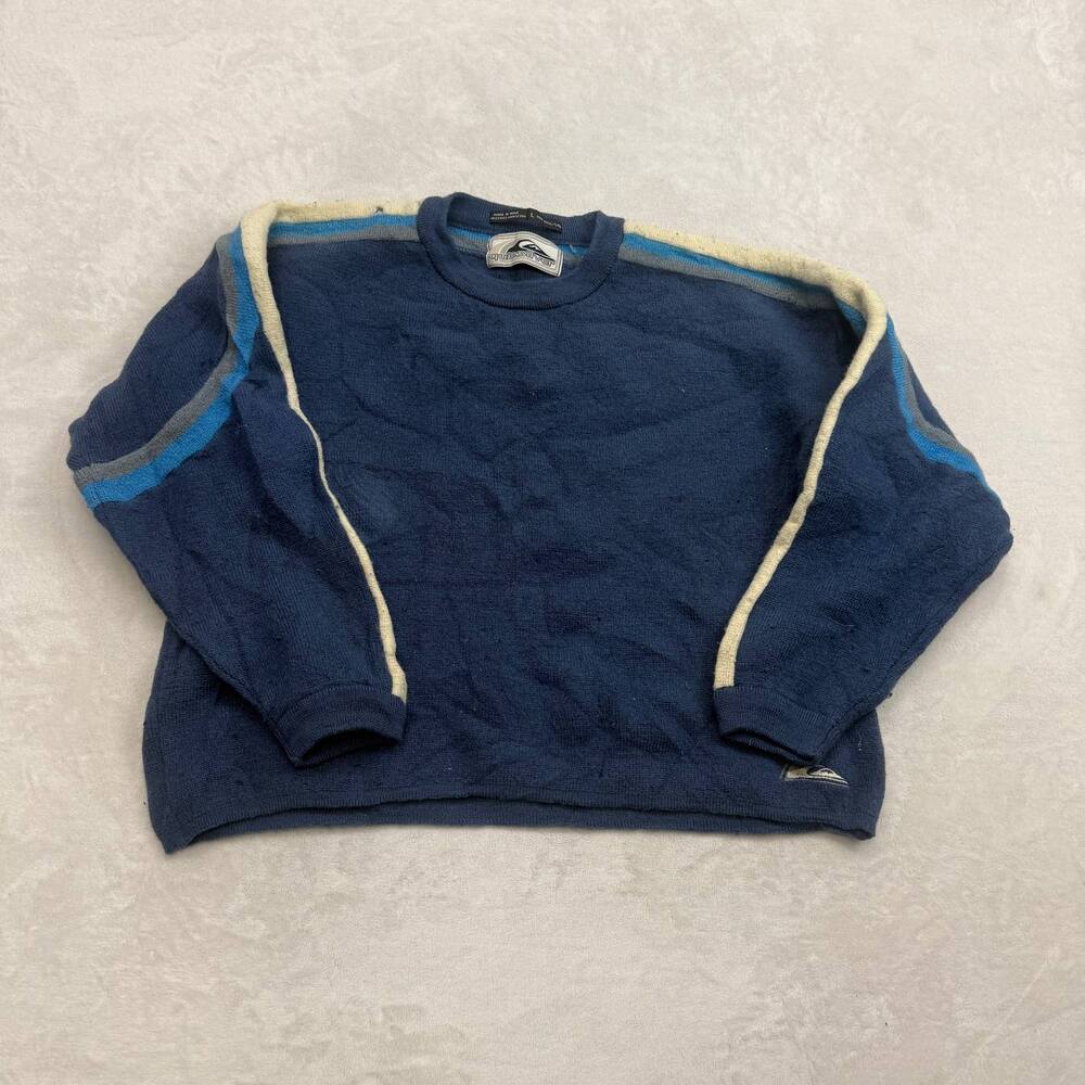 Quiksilver Men's Sweater Navy Blue Size L 90s Vintage 100% Wool Striped Pullover